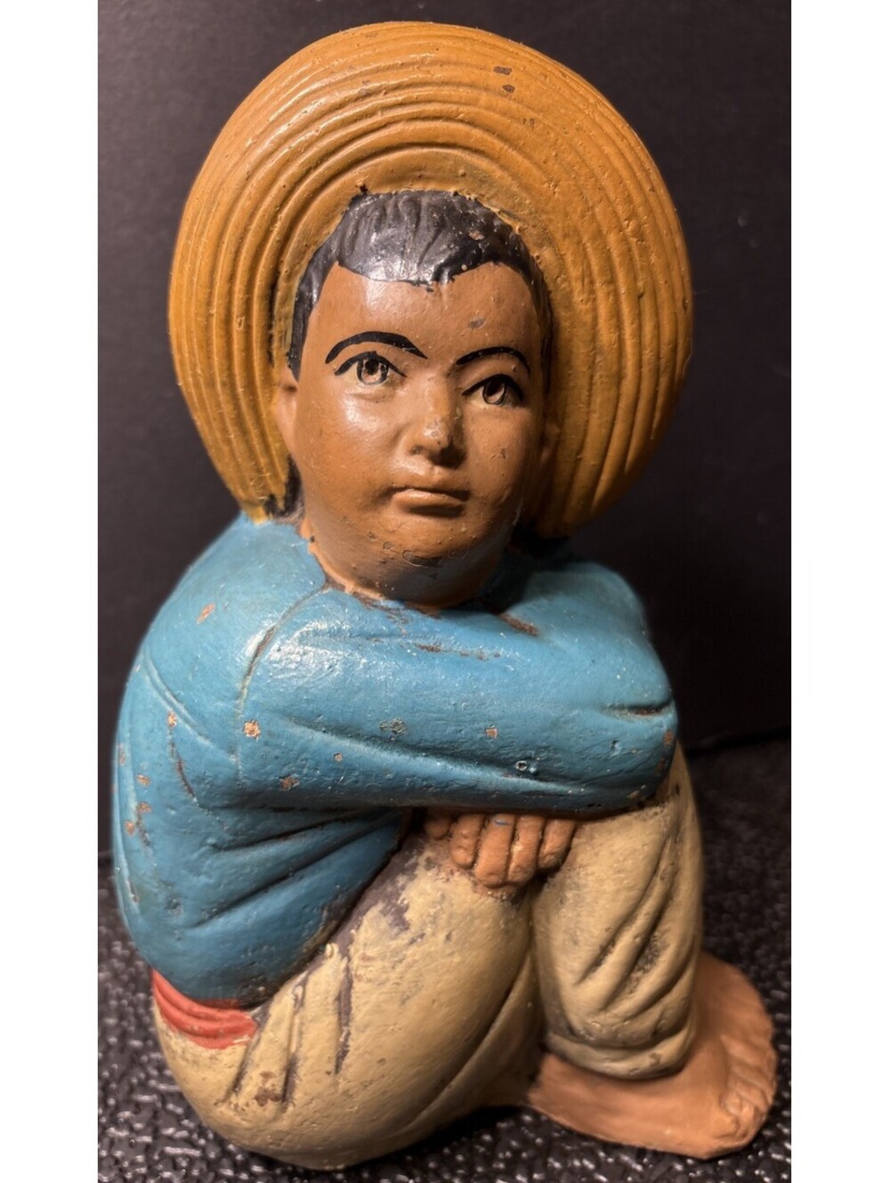 VTG 30 -40s Mexican Statue Coin Bank Sitting Boy Big Hat Hand Painted Chalk Ware